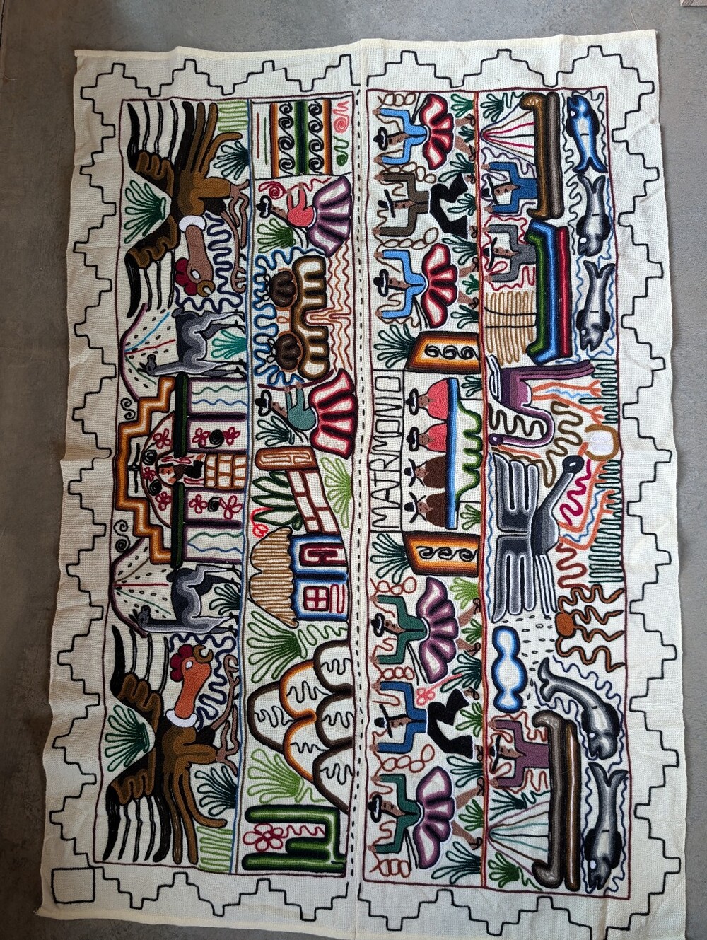 HUGE Peruvian Matrimonio Hand Embroidered Wool Tapestry Wall Hanging 63"X43"